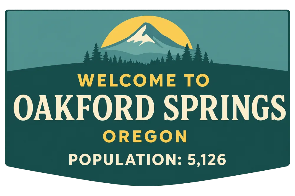 Road sign reading Welcome to Oakford Springs, Oregon, population 5,126